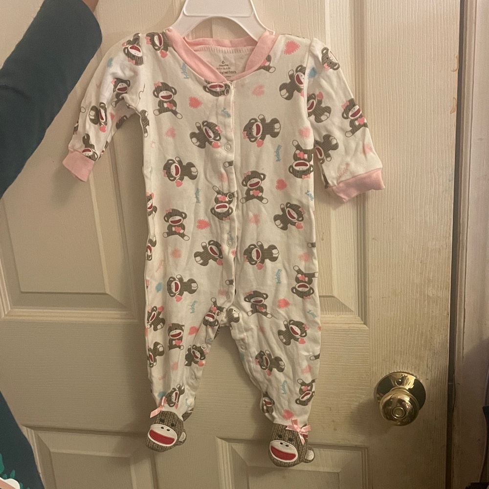 Baby Starters Pink and White Monkey Print Footie
